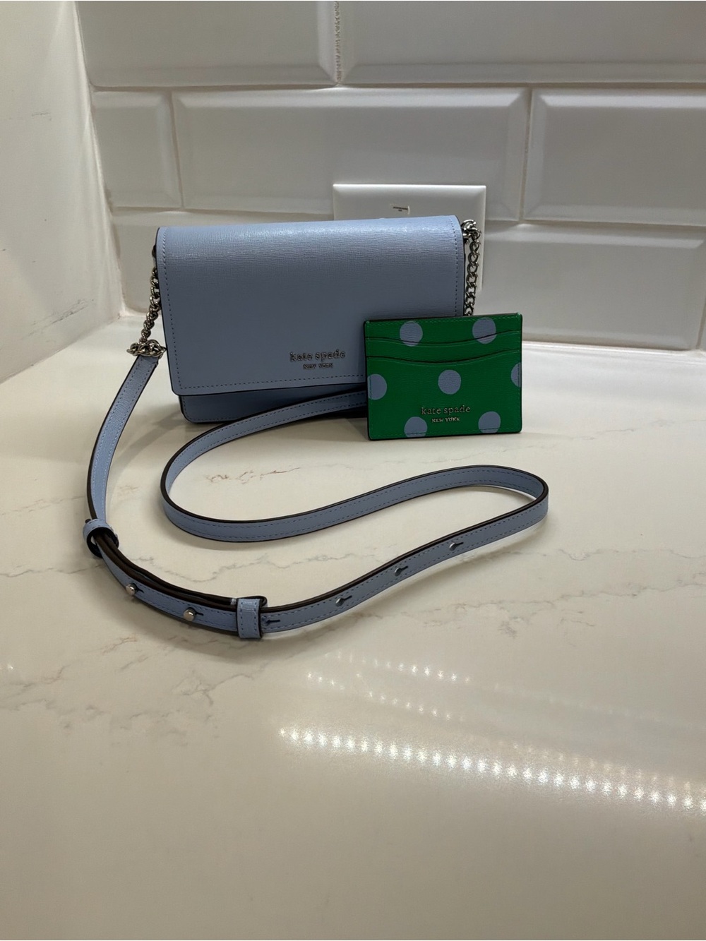 kate spade light blue crossbody with green polka dot card case